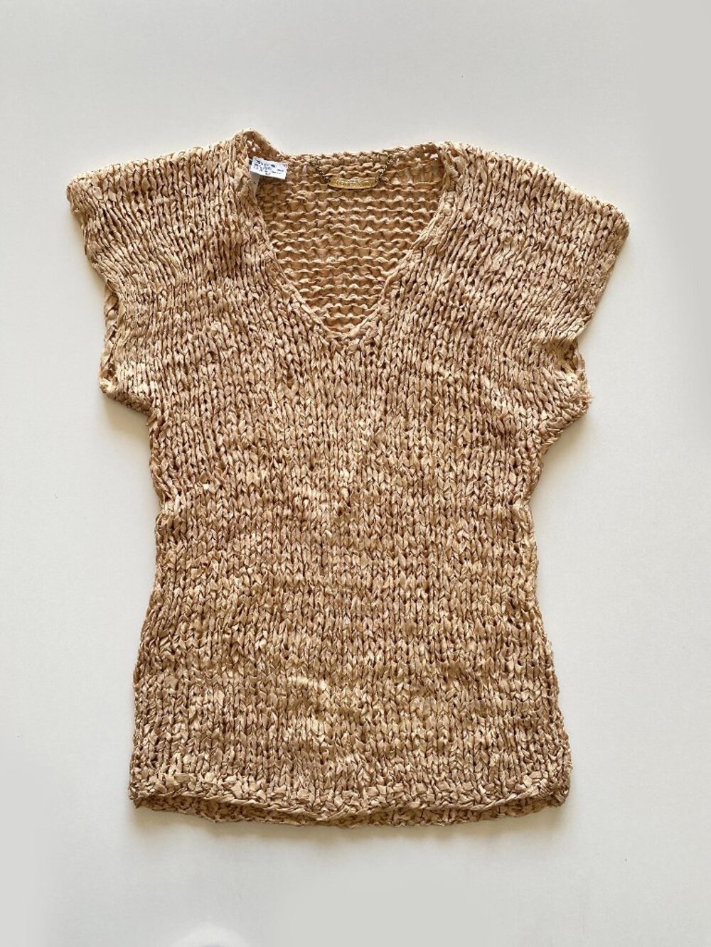 Vintage Mariea Kim Rayon Ribbon Knit Top Beige Sleeveless Sweater Size M